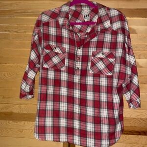 Haute Hippie Red Plaid Henley Collar & Snaps 3/4 Length Adjustable Sleeves SZ XS